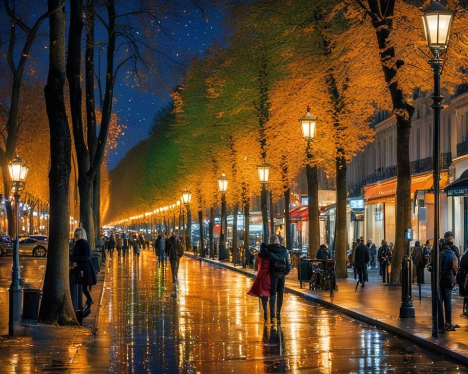 nachtelijke wandeling langs de Champs-Élysées in Parijs