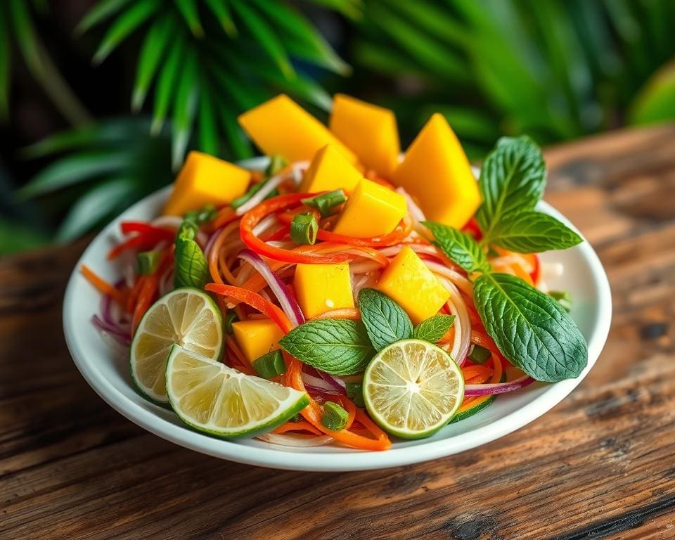 Thaise salade met limoen, mango en verse munt